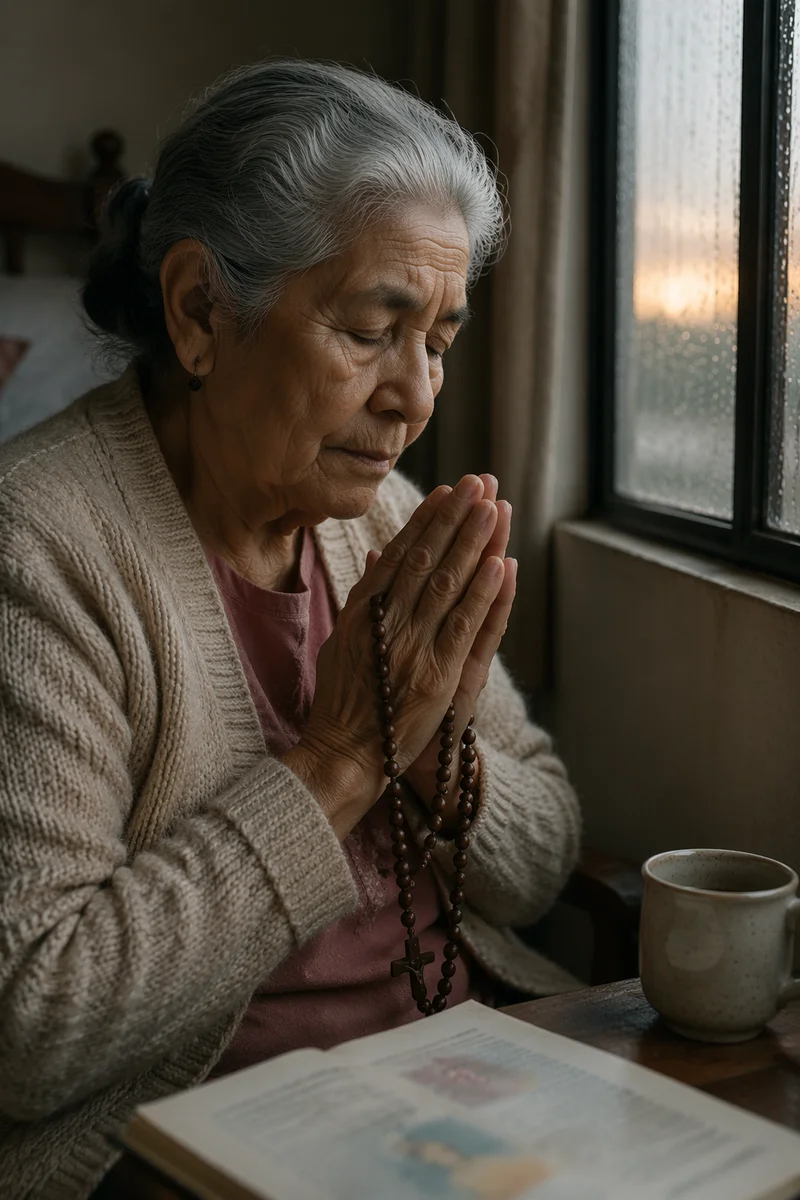 Elderly Woman Praying by Rainy Window