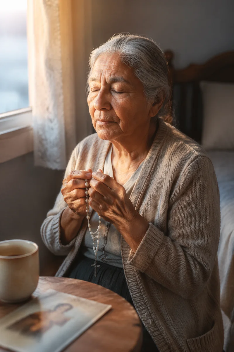 Elderly Woman Praying with Rosary by Window