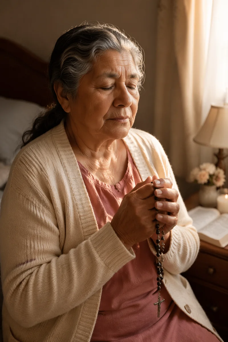 Elderly Woman Praying with Rosary by Window