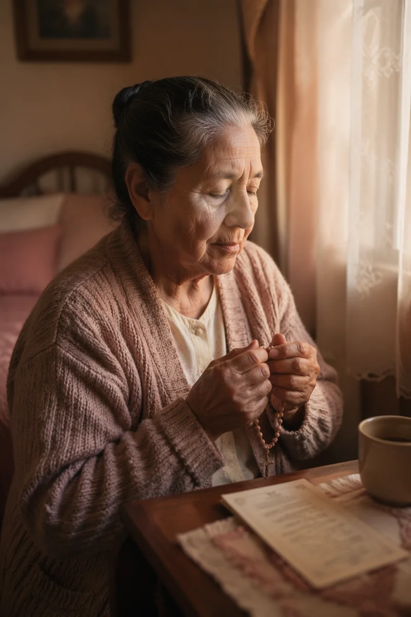 Elderly Woman Praying with Rosary at Dawn
