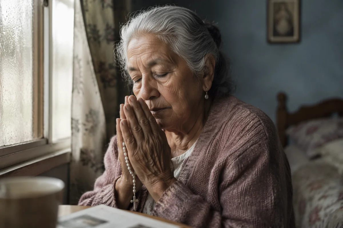 Elderly Woman Praying by Window at Dawn