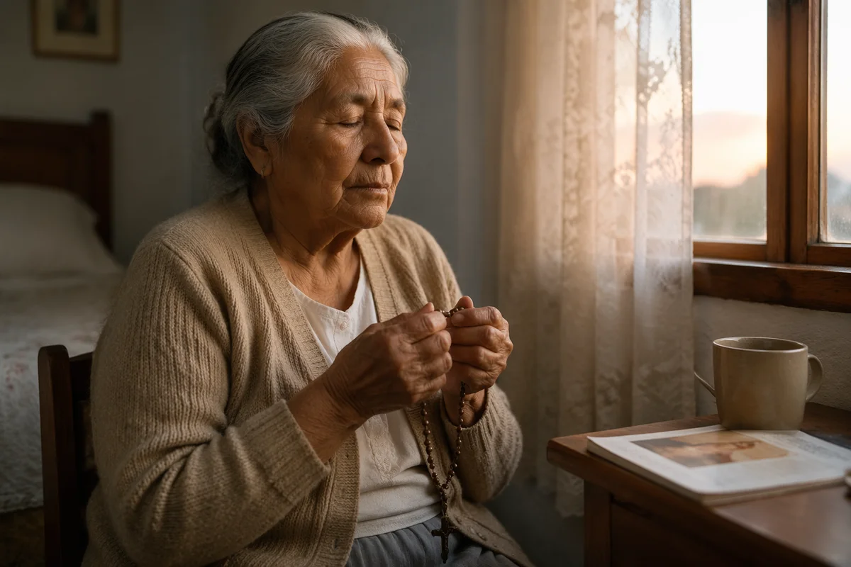 Elderly Woman Praying with Rosary by Window
