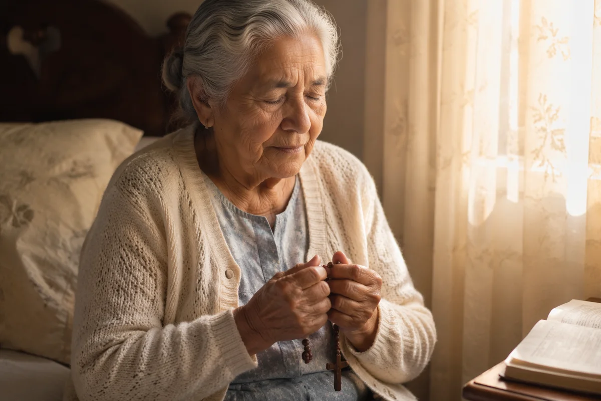 Elderly Woman Praying by Bedroom Window