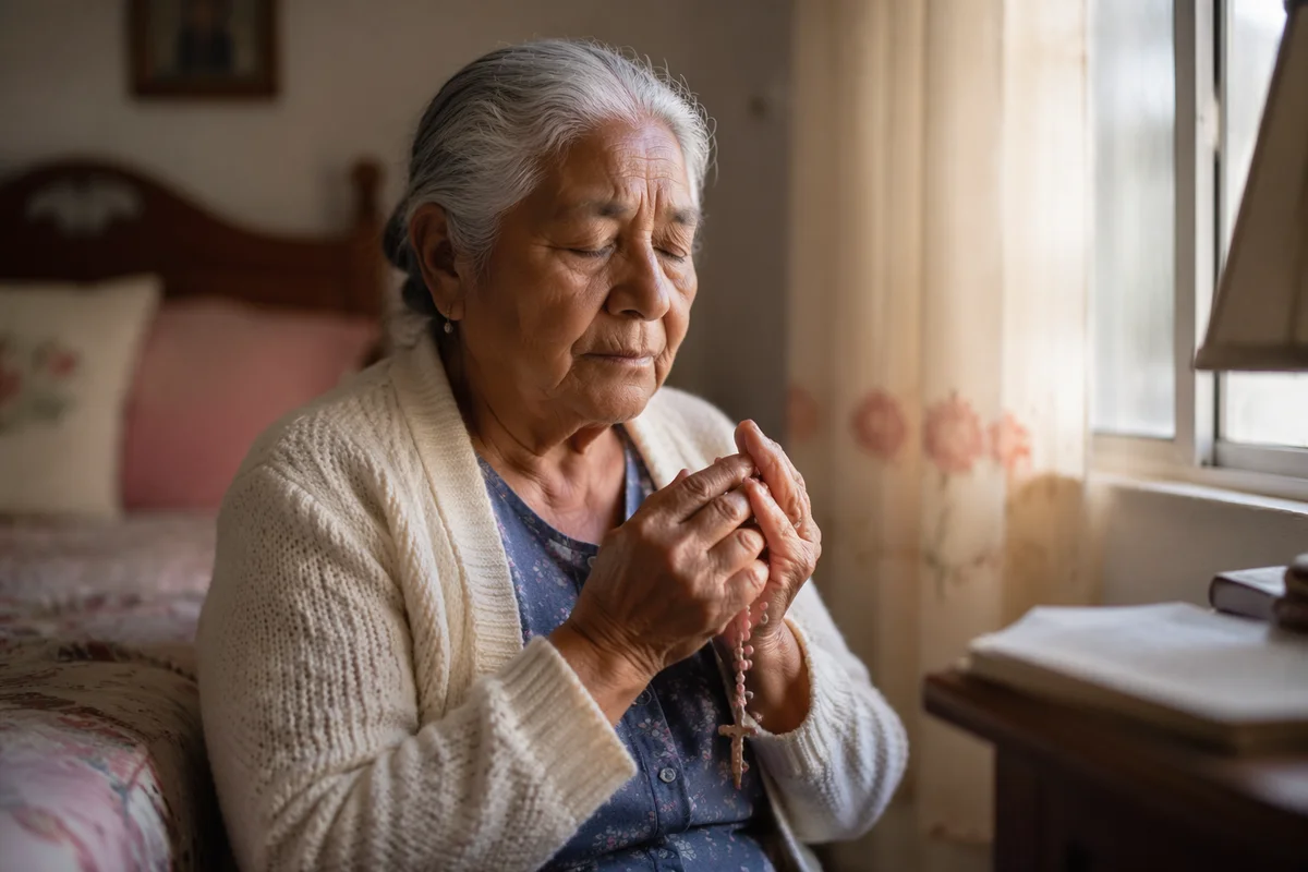 Elderly Woman Praying by Bedroom Window