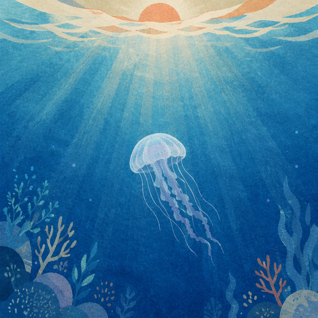 Eternal Life Jellyfish Beneath Ocean Sunrise