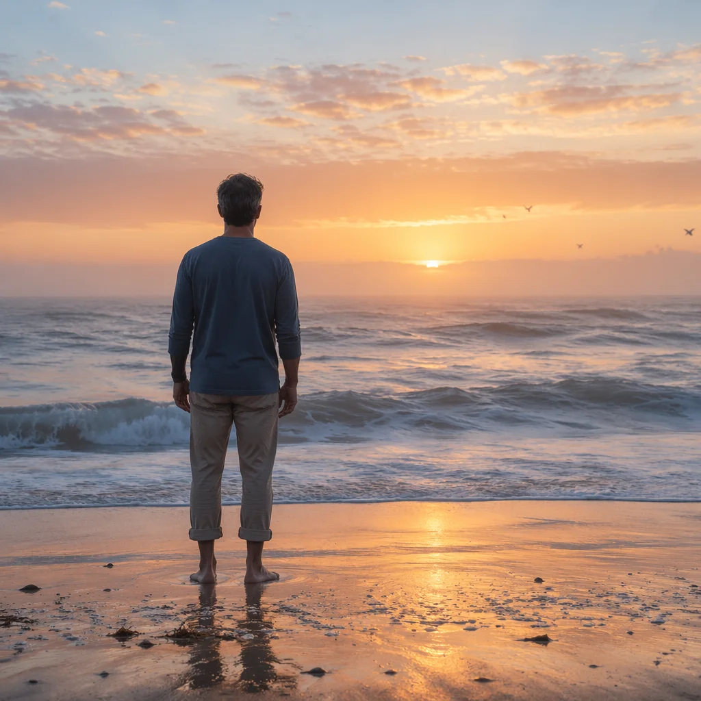Lone Figure Watching Sunrise Over Ocean