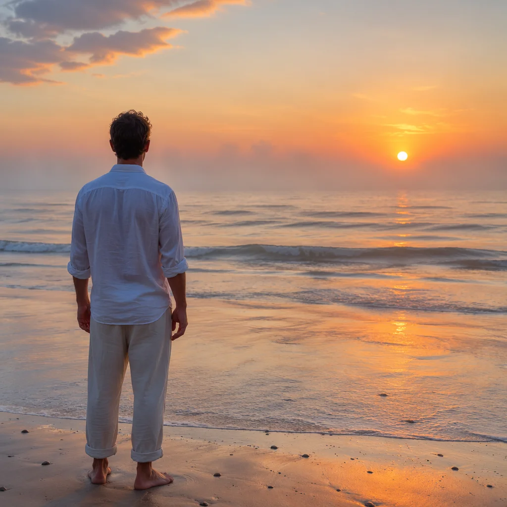 Lone Figure Watching Sunrise Over Ocean