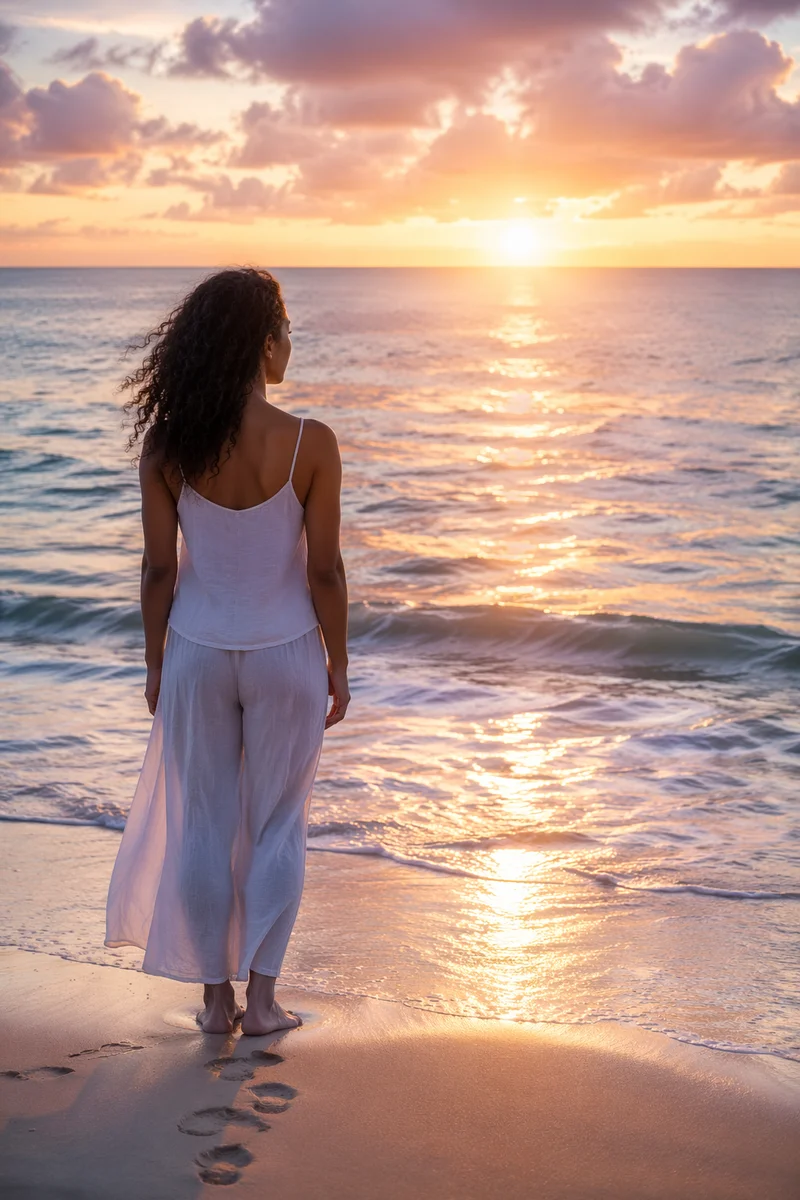 Woman Watching Sunrise Over Calm Ocean