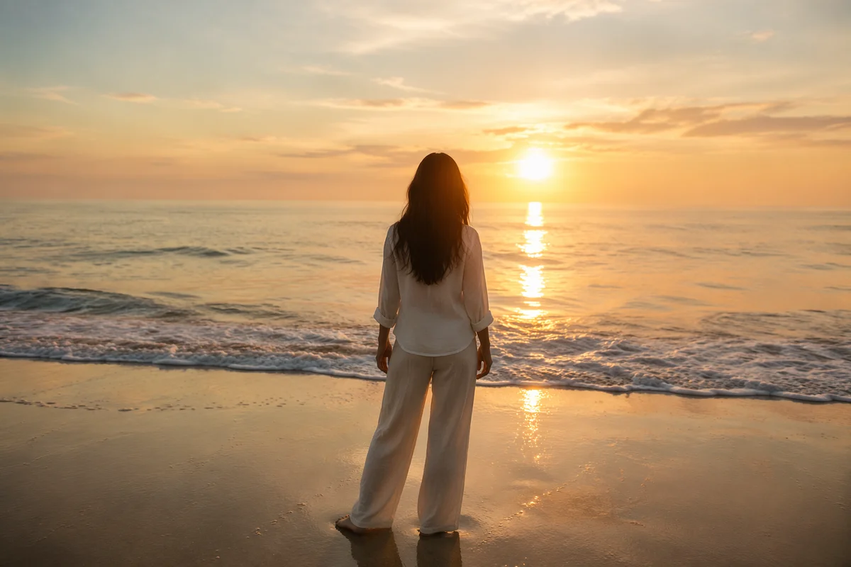 Woman at Sunrise Beach Facing Ocean