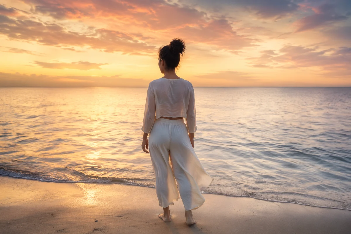 Woman Facing Sunrise Over Calm Ocean