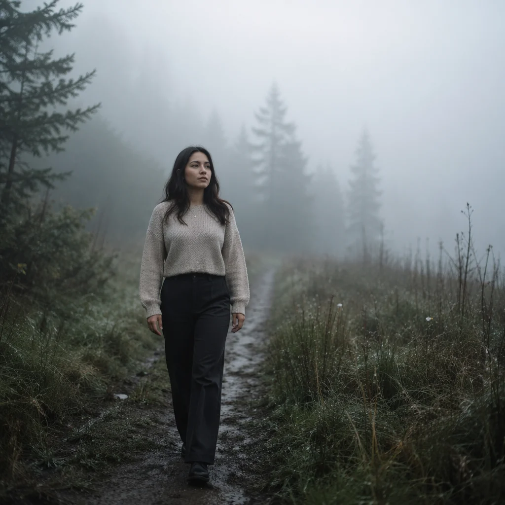Woman Stepping Onto Foggy Forest Path