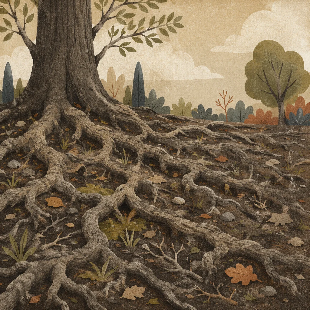 Faithful Ancient Tree Roots in Quiet Woodland