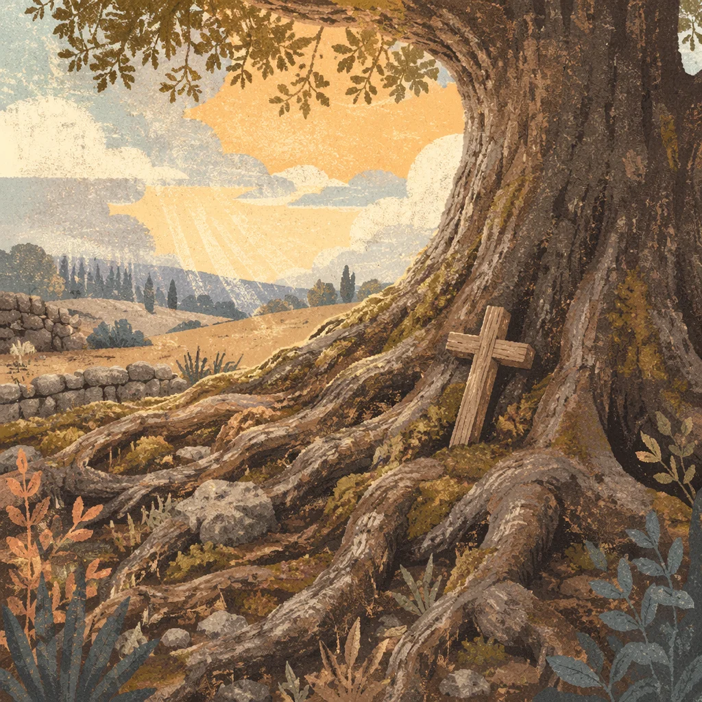 Faithful Oak Roots and Wooden Cross