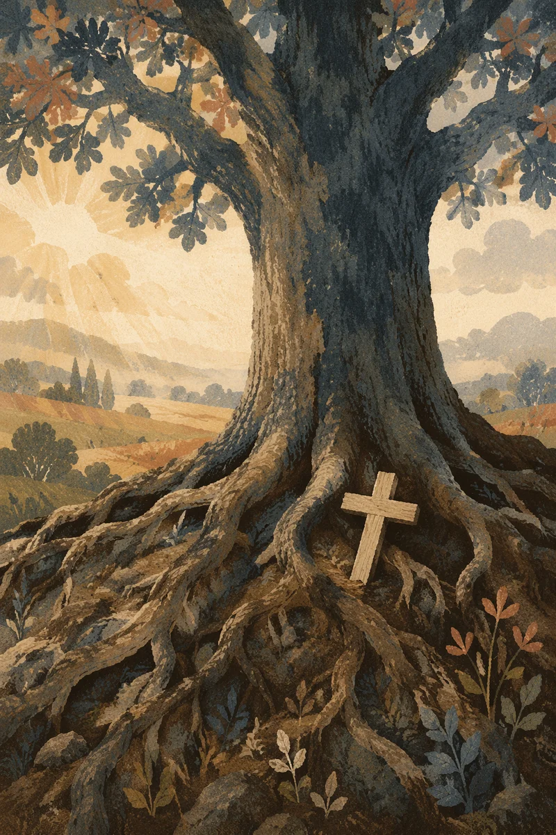 Faithful Oak Roots Beside Wooden Cross