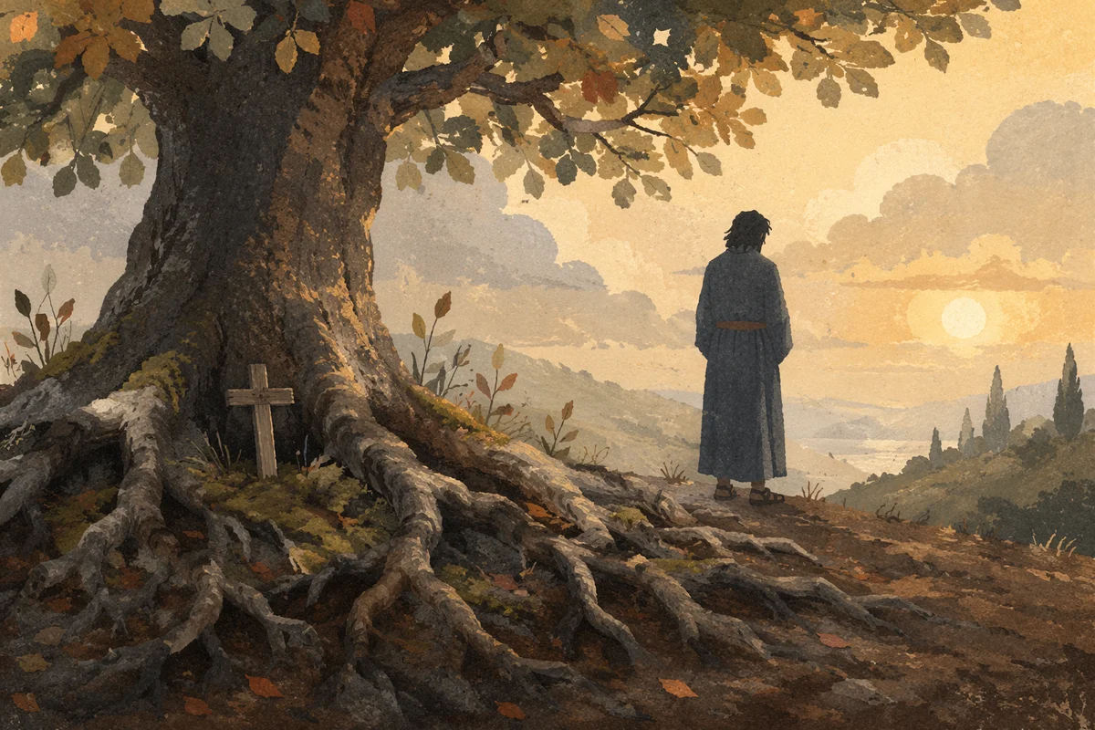 Faithful Oak Roots Beside Wooden Cross