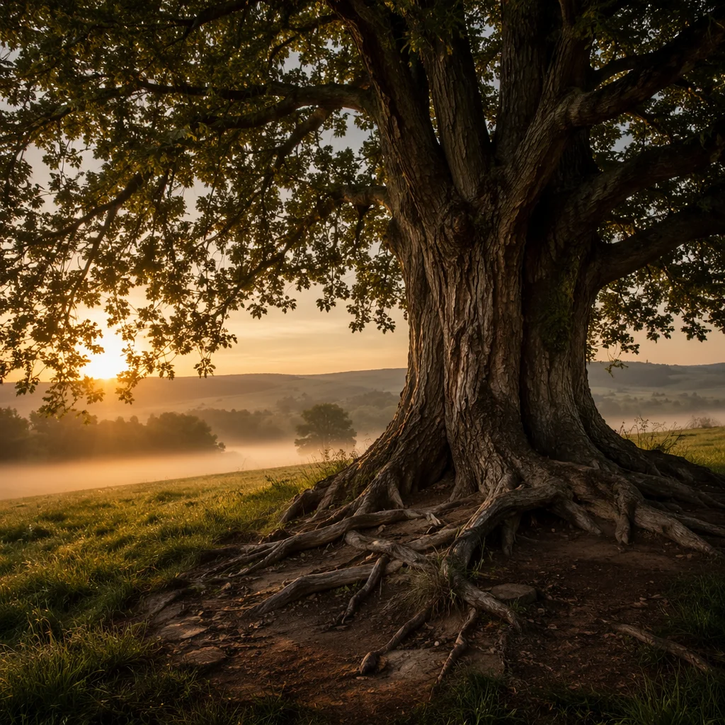Ancient Tree with Exposed Roots at Sunrise