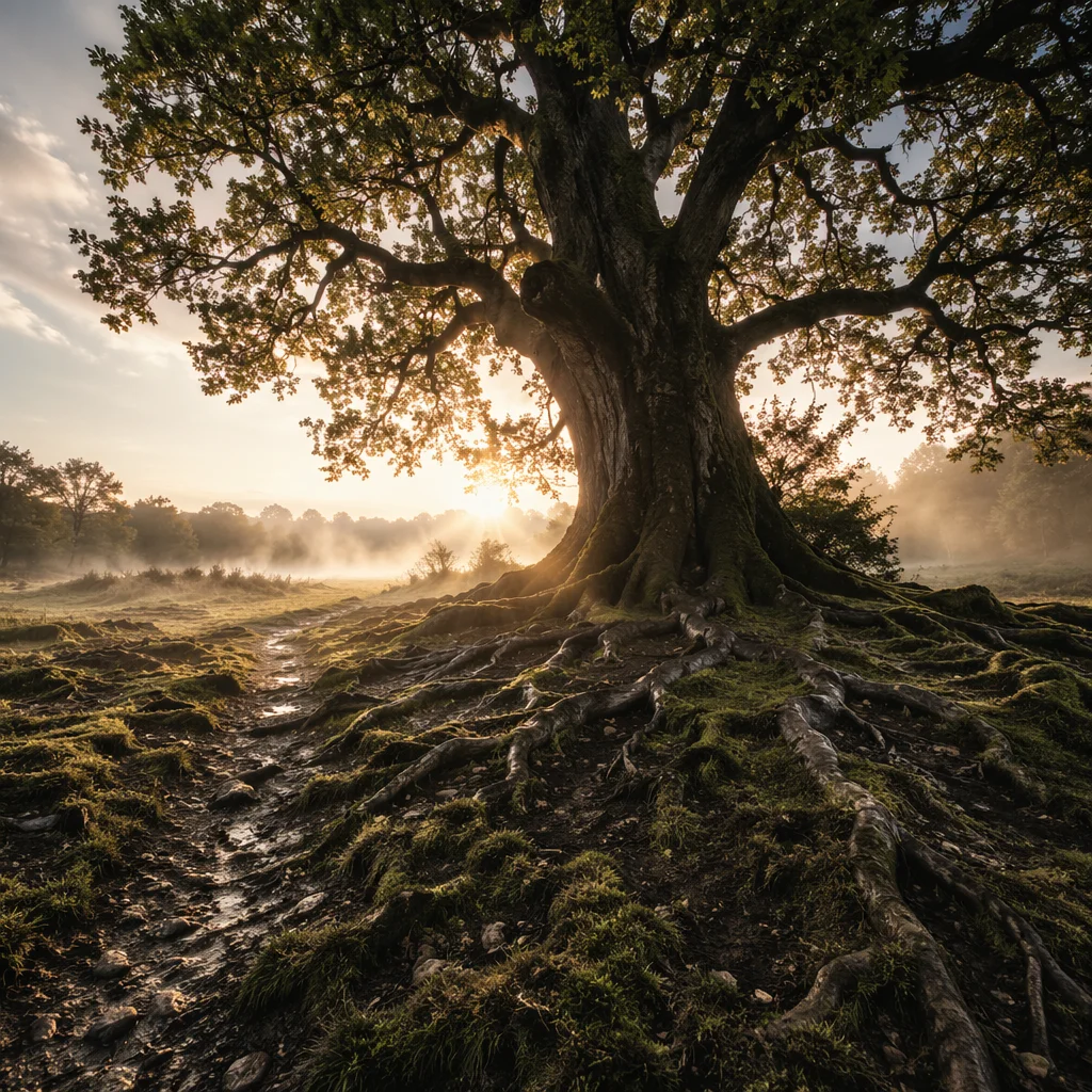 Ancient Tree with Exposed Roots at Dawn