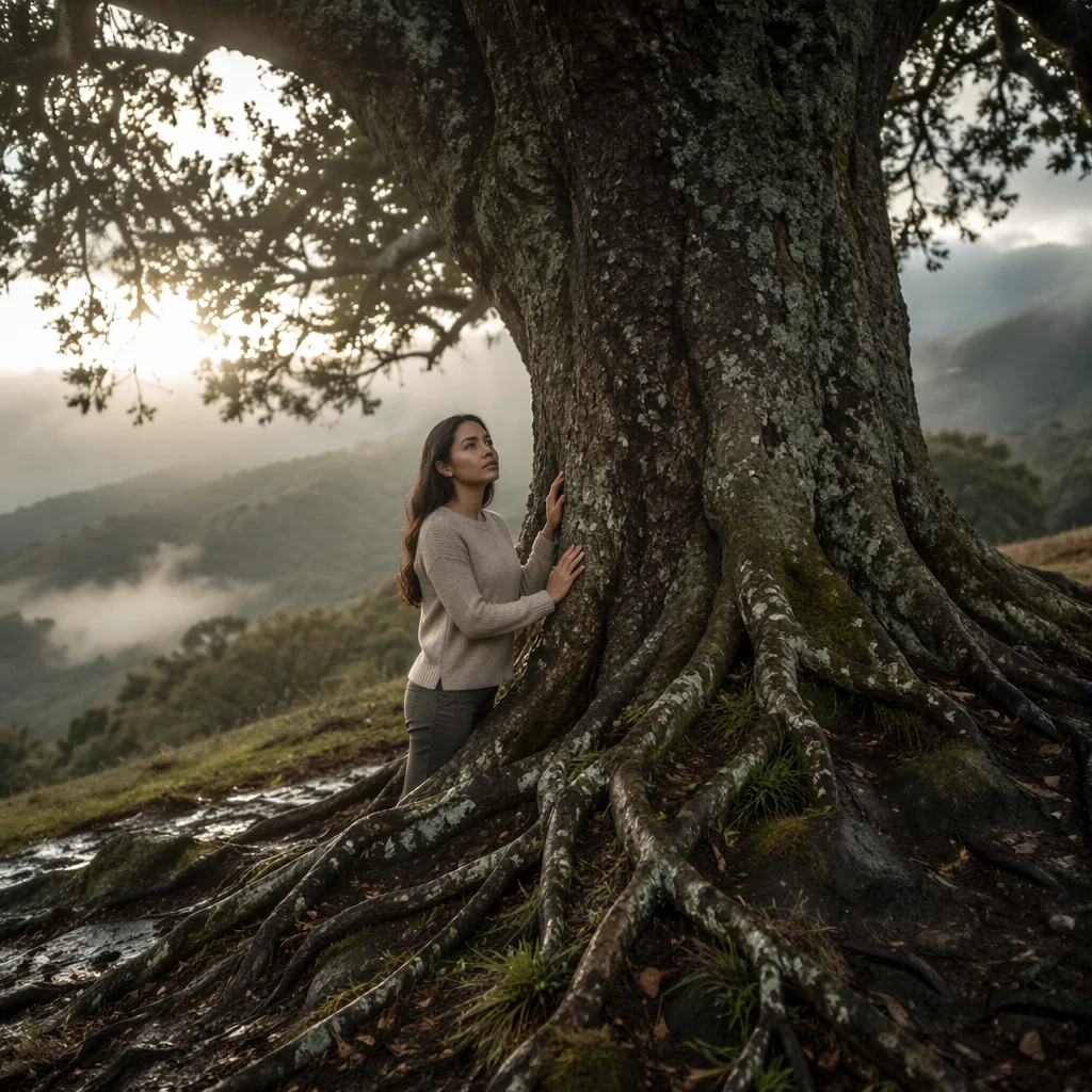 Ancient Tree with Exposed Roots at Dawn