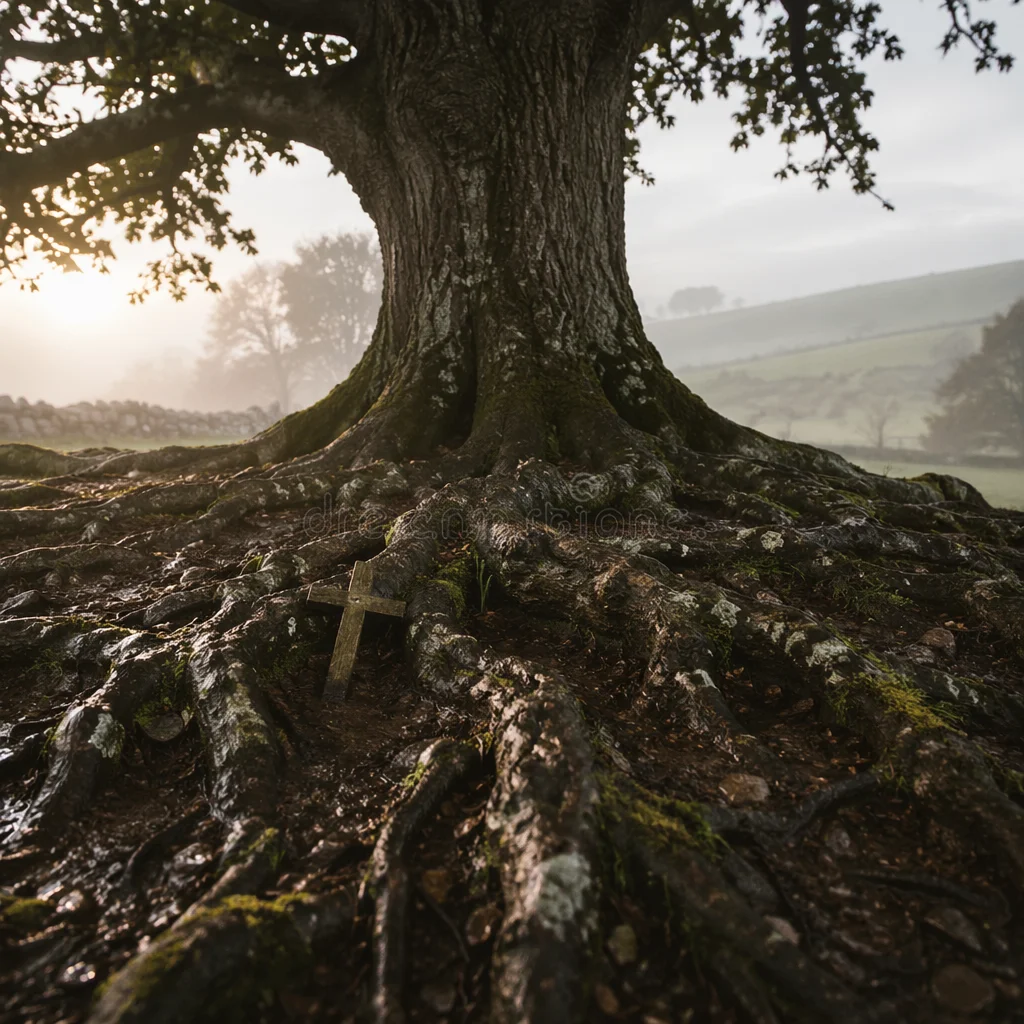 Ancient Oak Roots with Wooden Cross