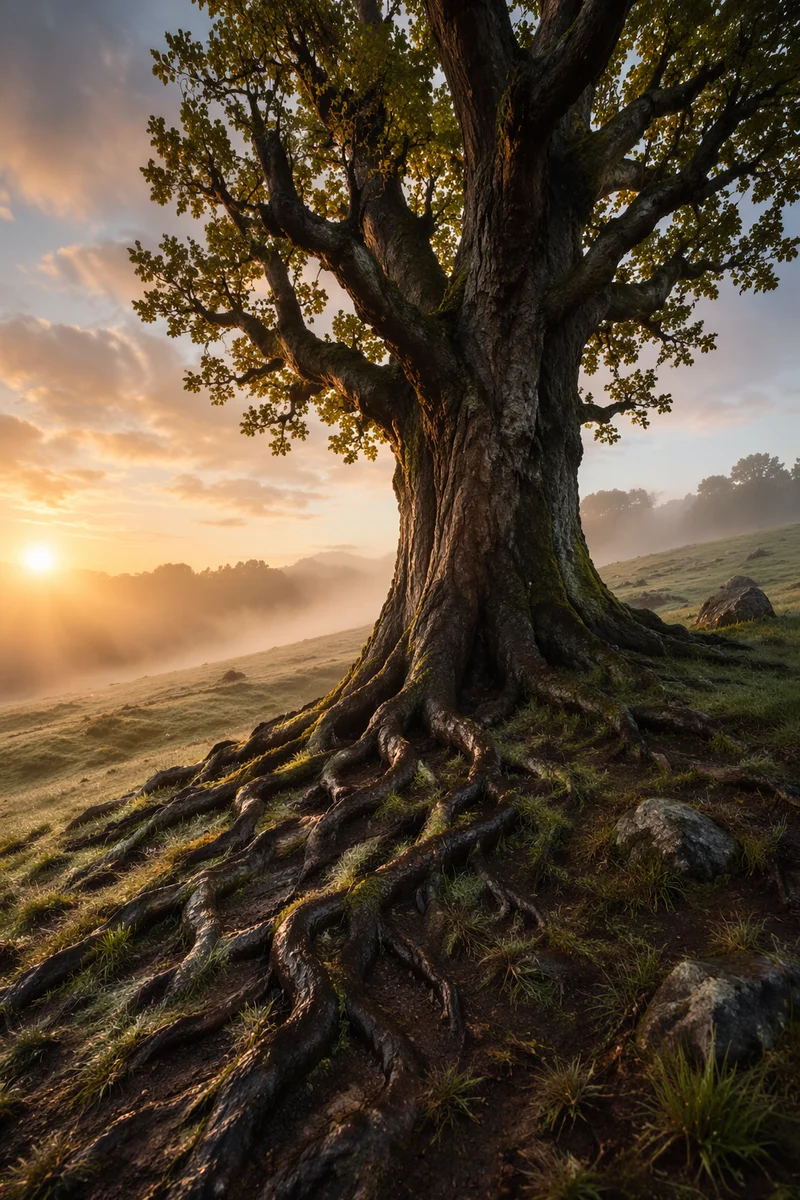 Ancient Tree with Deep Roots at Sunrise