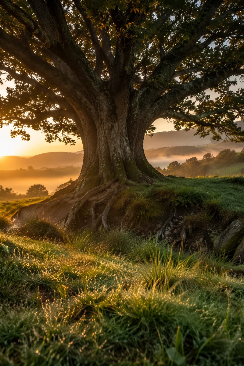 Ancient Tree with Exposed Roots at Sunrise