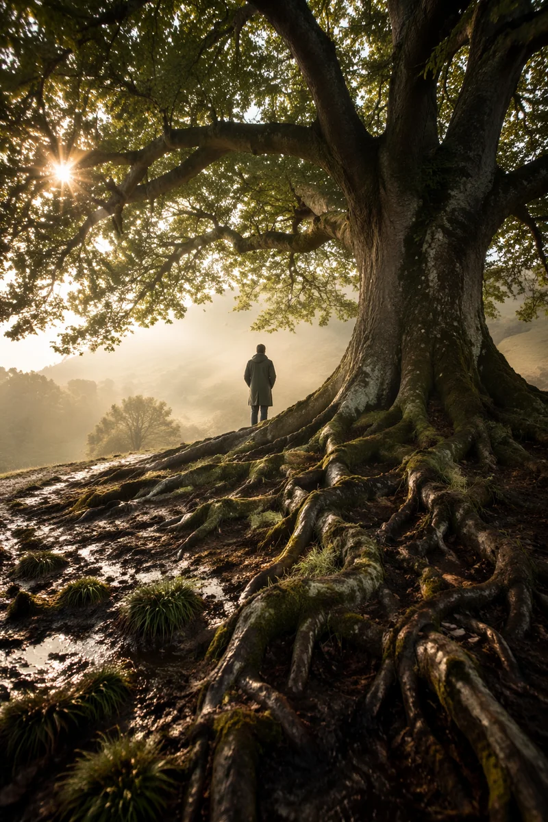 Faithful Oak Roots in Morning Mist