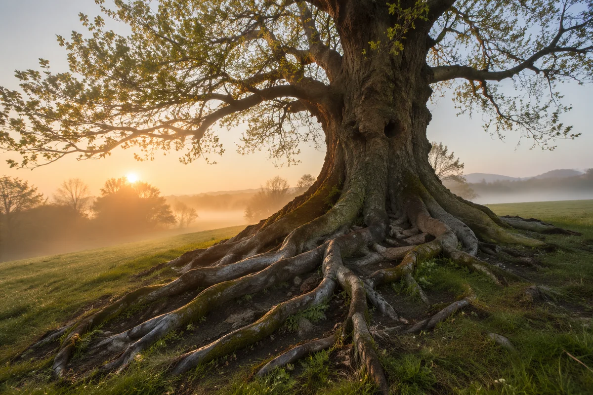 Ancient Tree with Deep Roots at Sunrise
