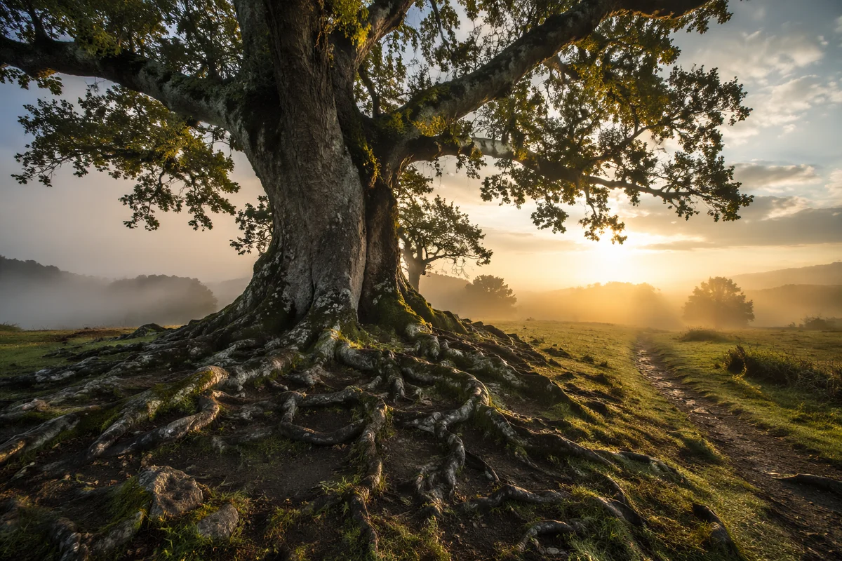 Ancient Tree with Exposed Roots at Dawn