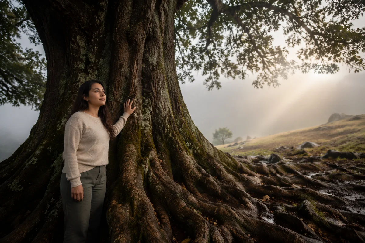 Ancient Tree with Woman on Misty Hill