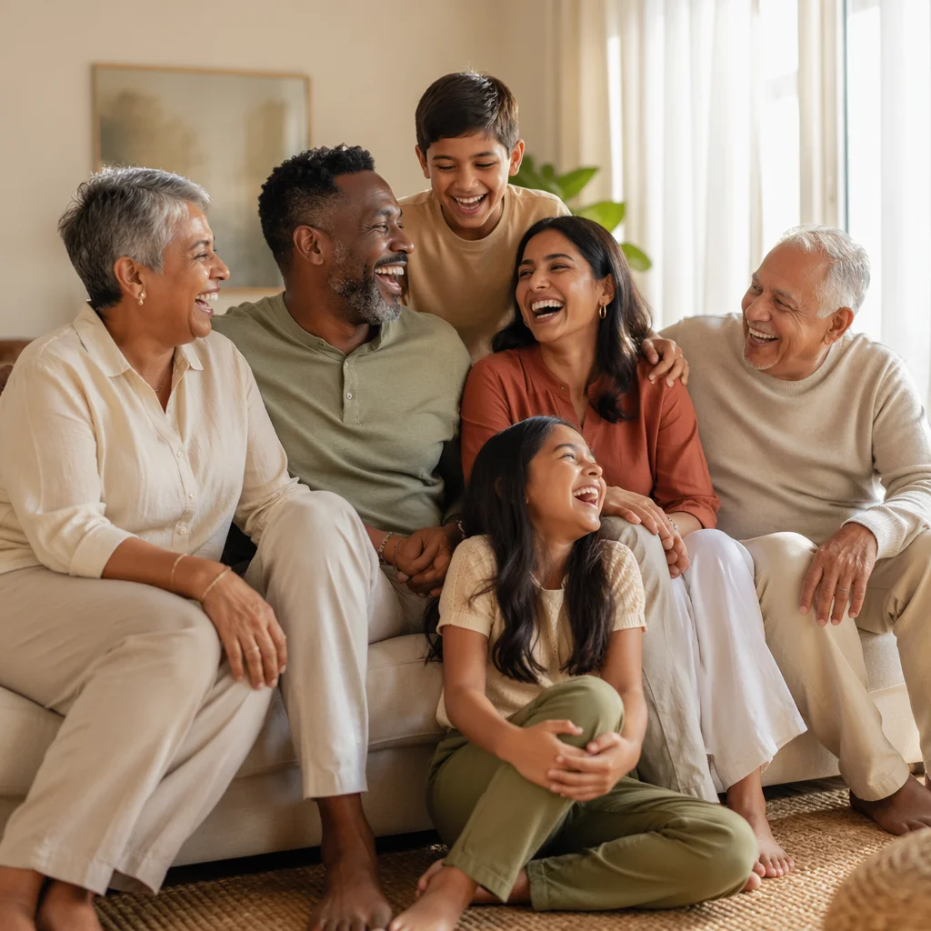 Laughing Multigenerational Family in Bright Living Room