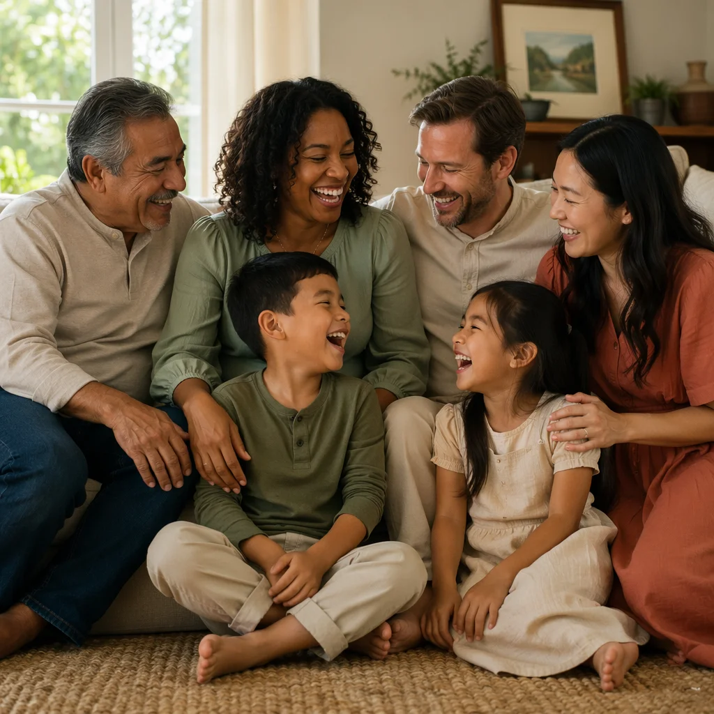 Laughing Multigenerational Family in Sunlit Living Room