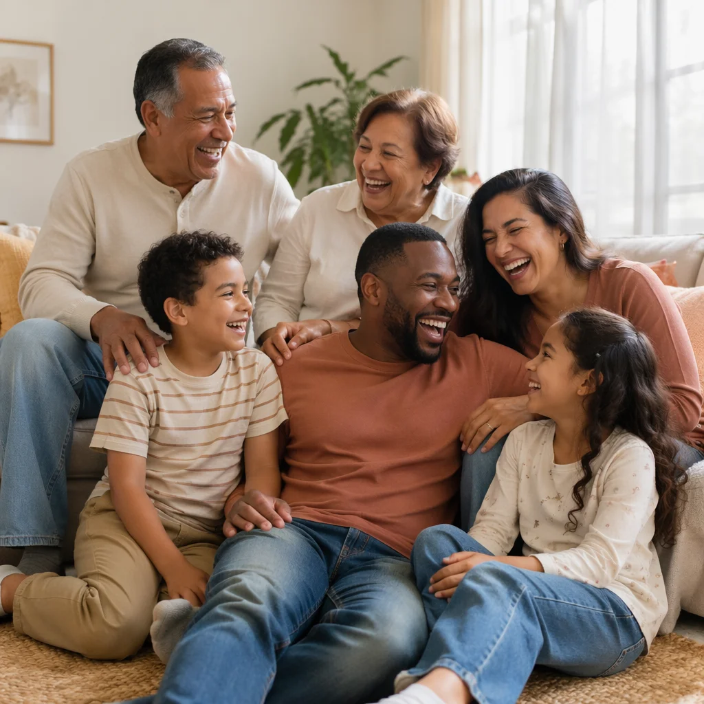 Laughing Multigenerational Family in Bright Living Room