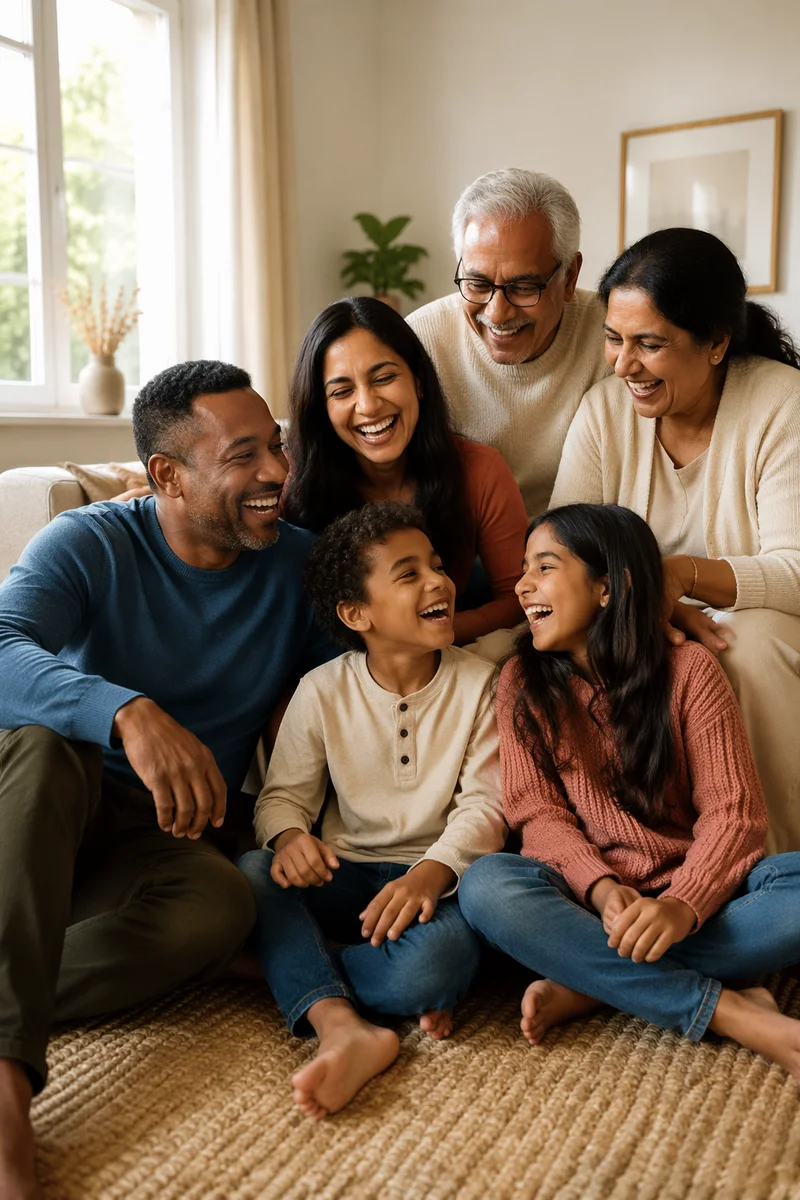 Laughing Multigenerational Family in Bright Living Room