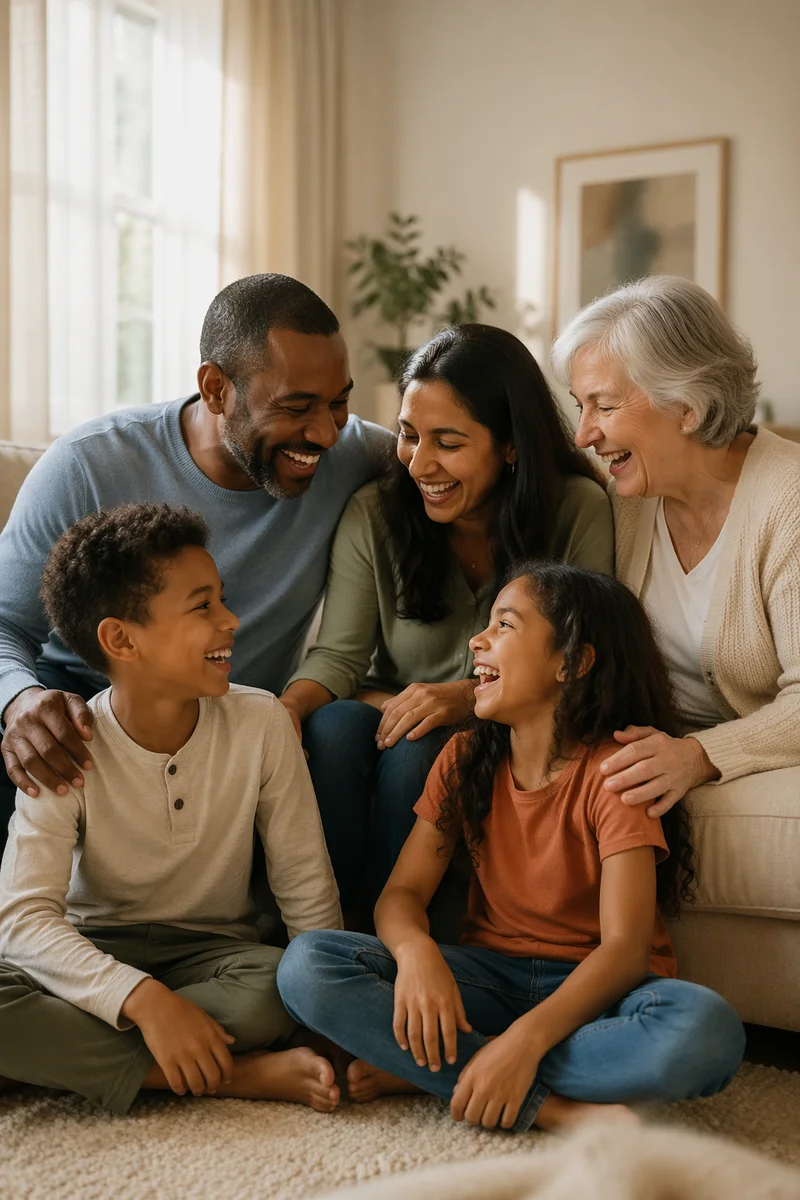 Multigenerational Family Laughing in Bright Living Room