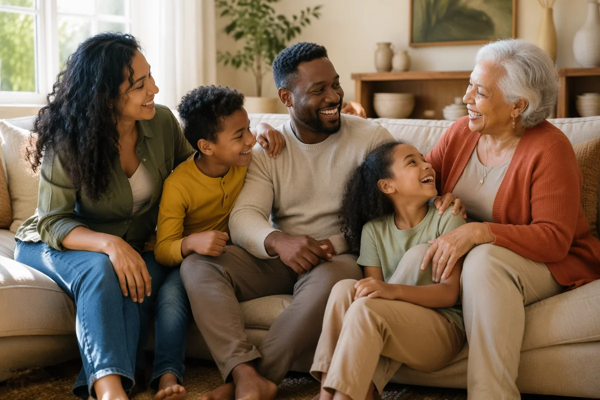 Laughing Multigenerational Family in Sunlit Living Room