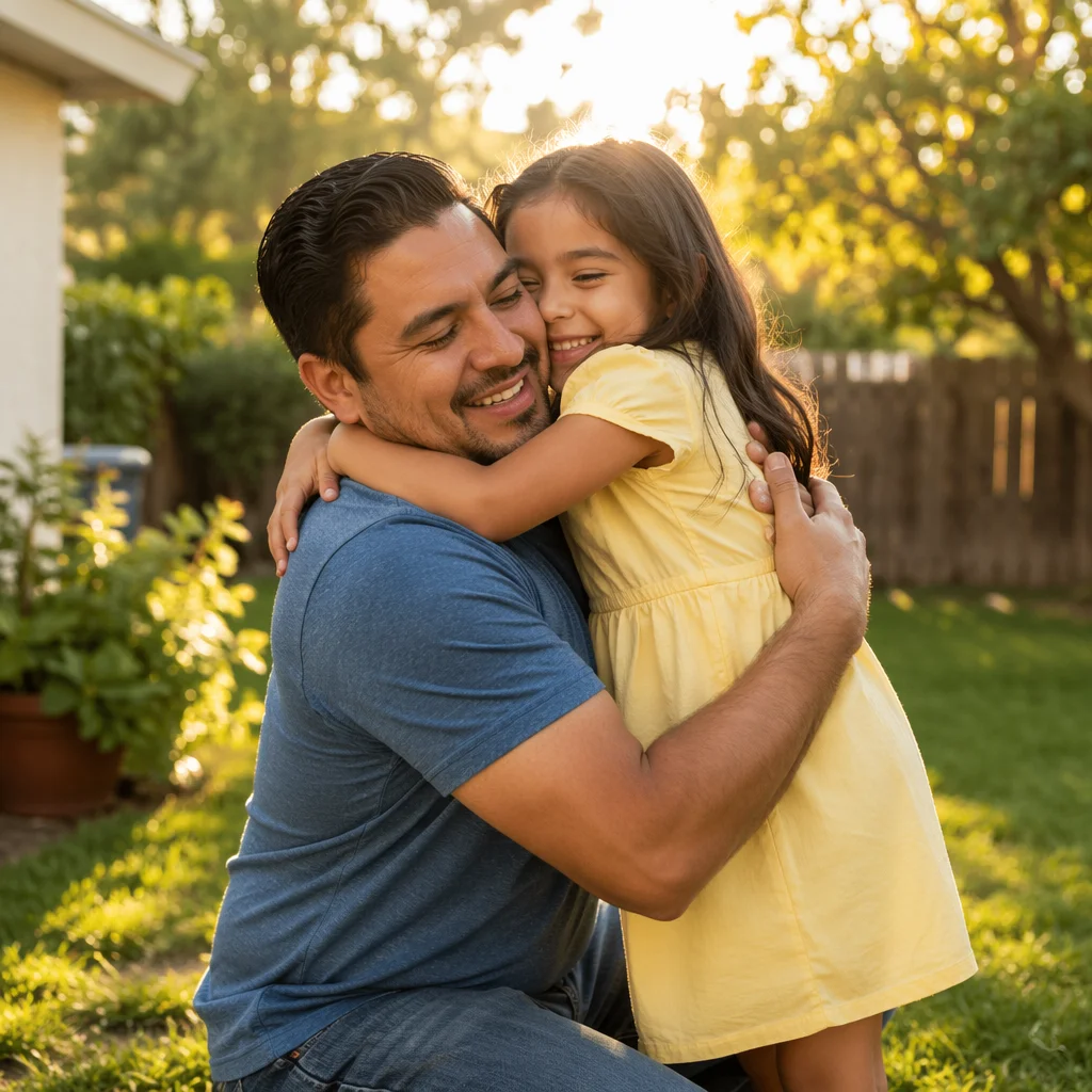 Father Hugging Daughter in Sunlit Backyard