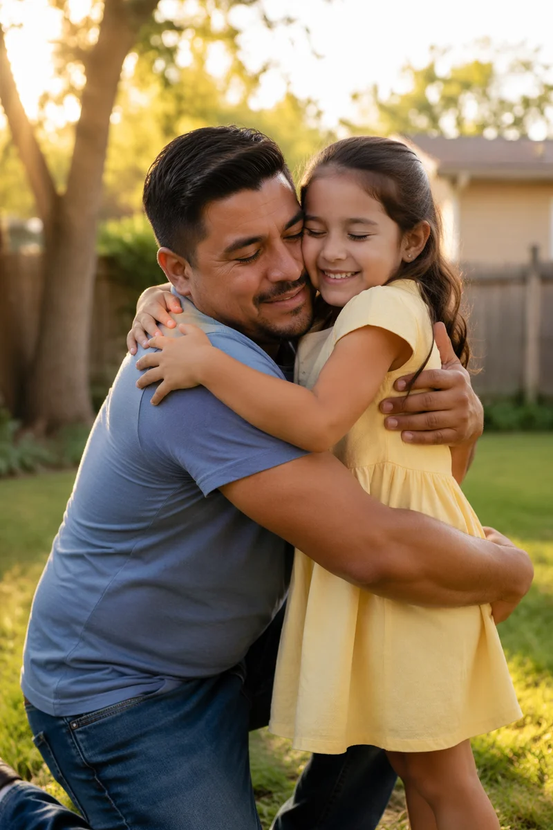 Father Hugging Daughter in Sunny Backyard