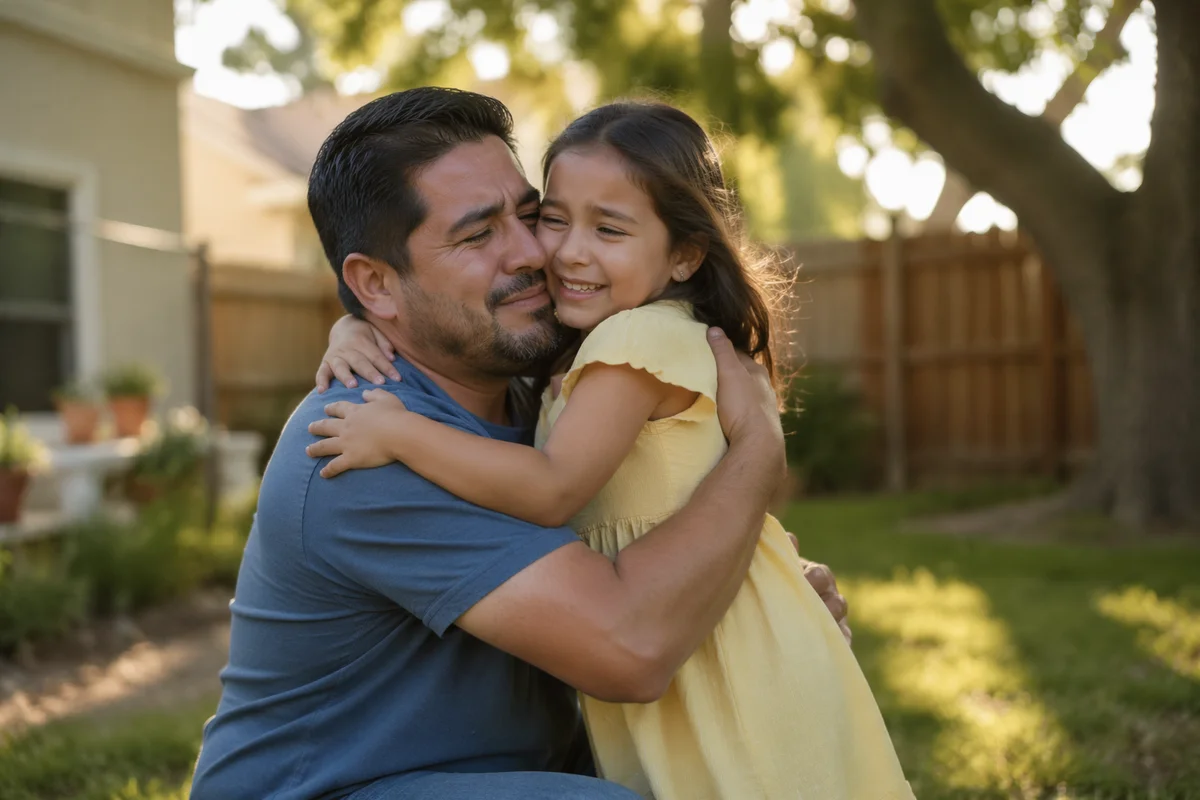 Father Hugging Daughter in Sunny Backyard