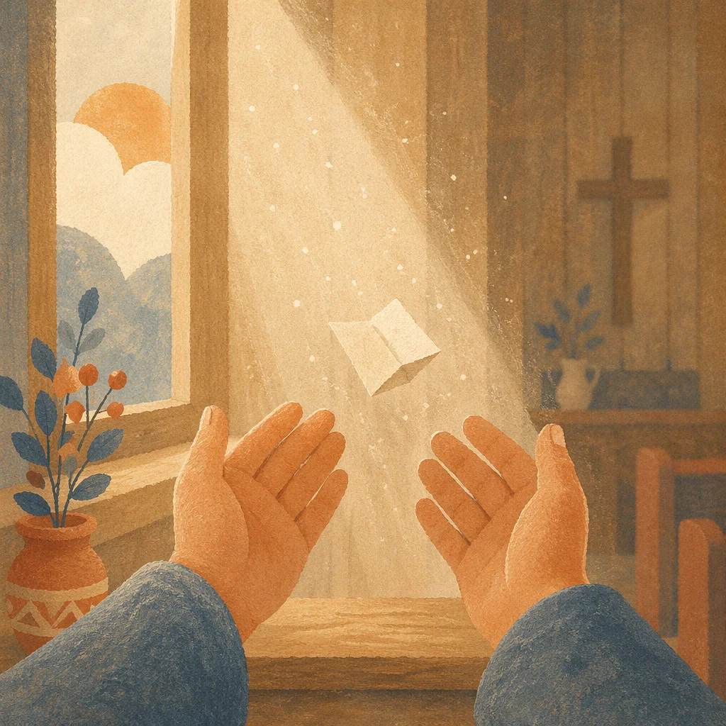 Forgiving Hands Releasing Paper in Chapel Light