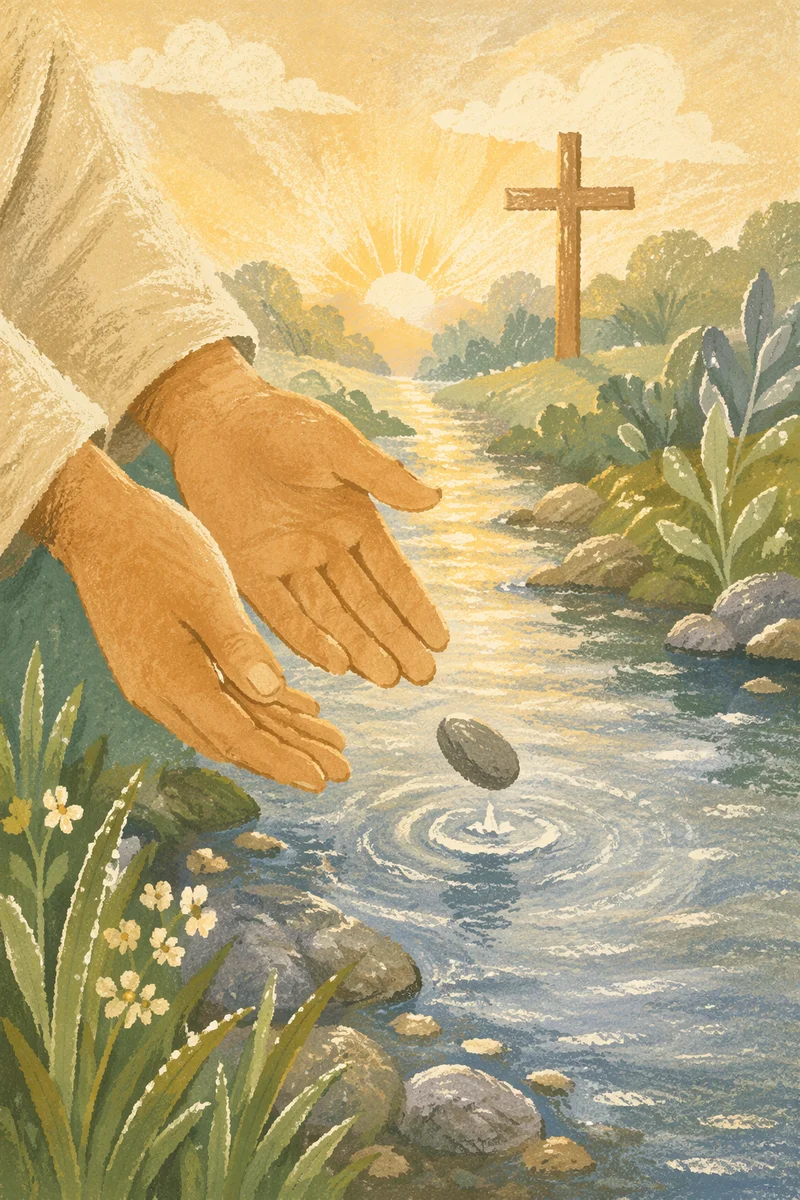 Forgiveness Hands Releasing Stone by Garden Stream