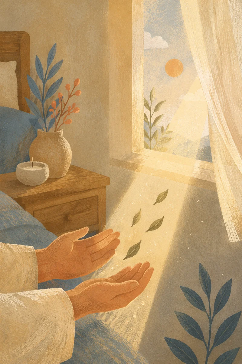 Forgiveness Hands Releasing Olive Leaves in Morning Light