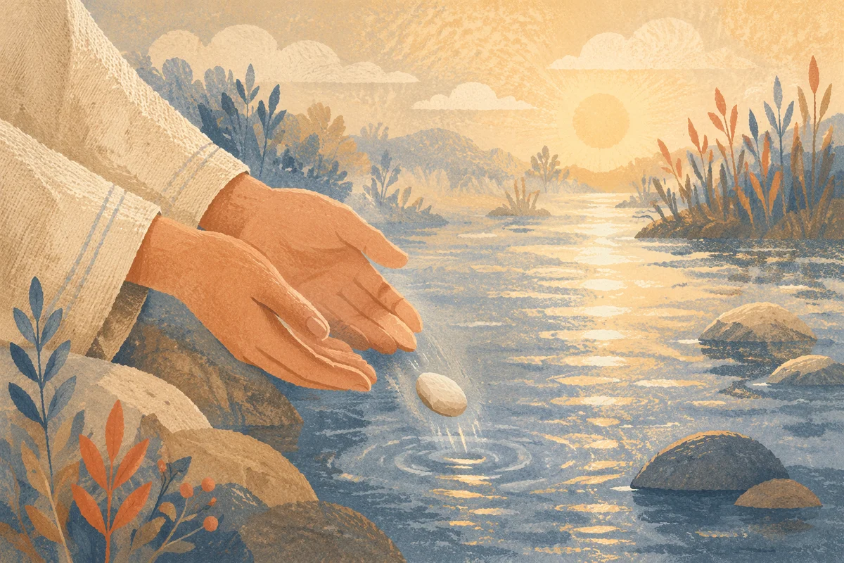 Hands Releasing Stone Into Morning Stream