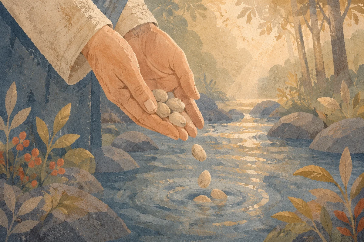 Forgiveness Hands Releasing Stones Into Creek