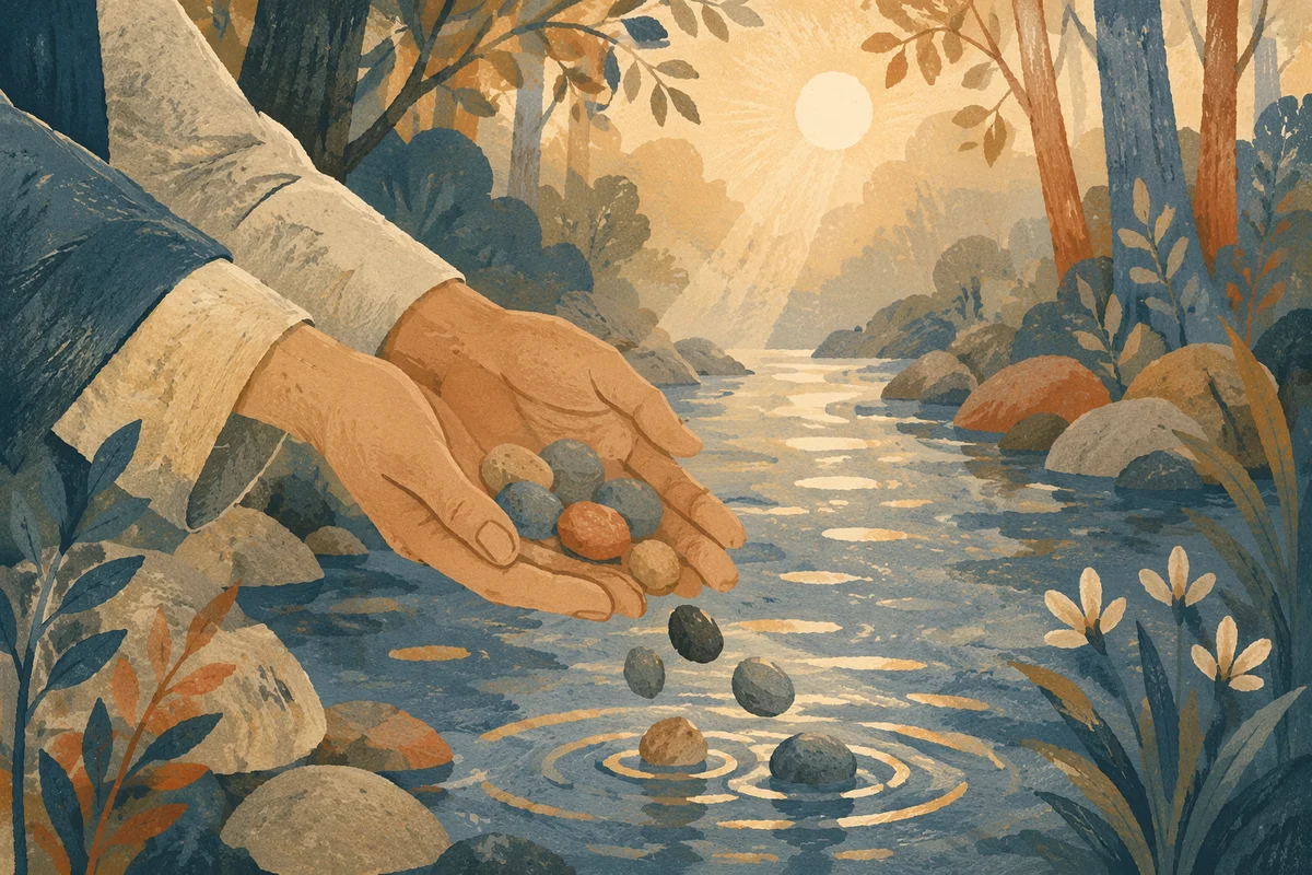 Forgiving Hands Releasing Stones Into Morning Creek