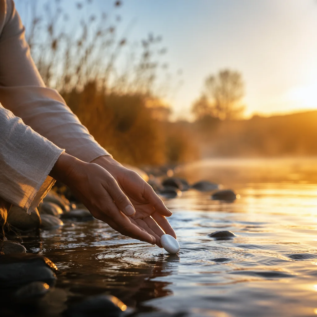 Forgiveness Hands Releasing Pebble Into Sunlit Stream