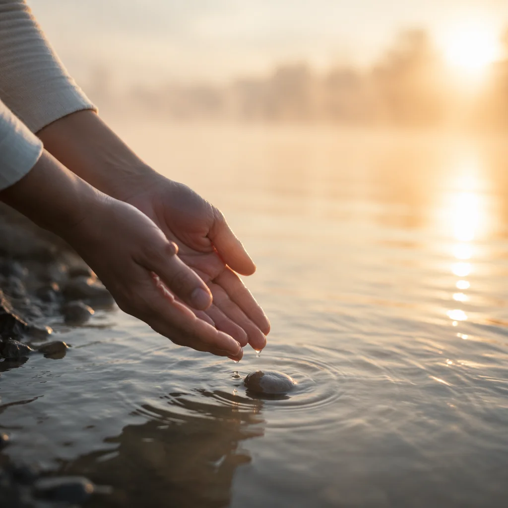 Forgiveness Hands Releasing Stone Into Light