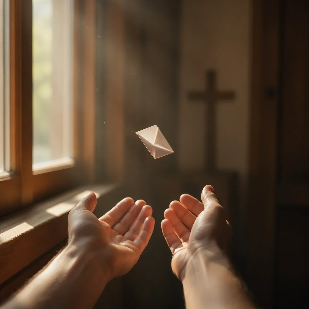 Forgiving Hands Releasing Paper in Chapel Light