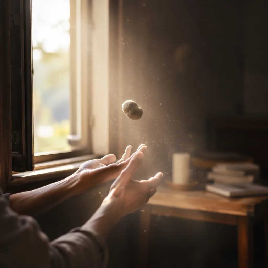 Hands Releasing Stone in Morning Light