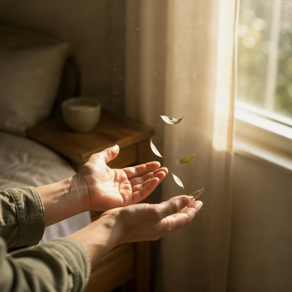 Open Hands Releasing Leaves in Morning Light