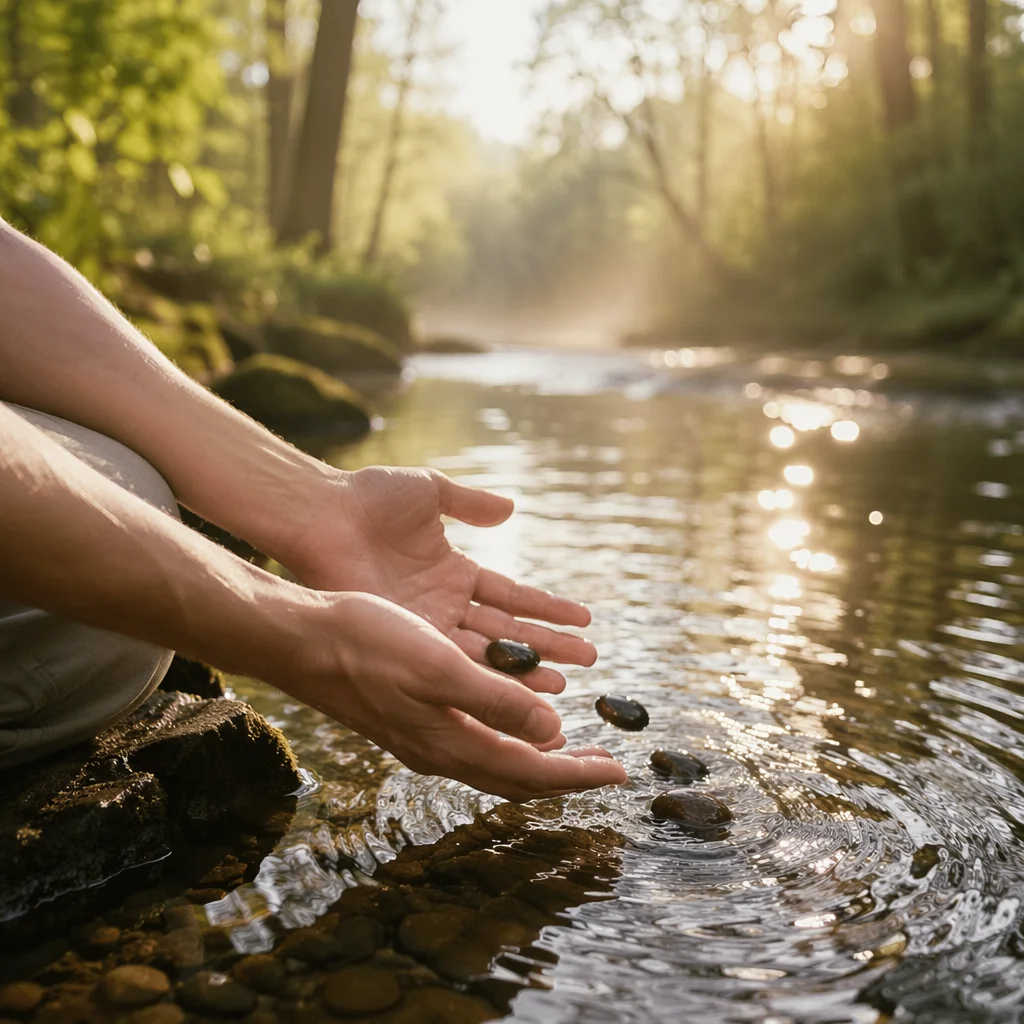 Hands Releasing Stones in Morning Stream